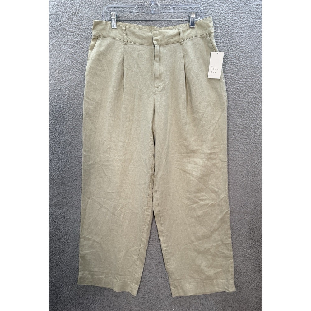 A New Day Pants‎ Womens 12 Green Linen Blend Wide Leg Pleated Nautical Coastal